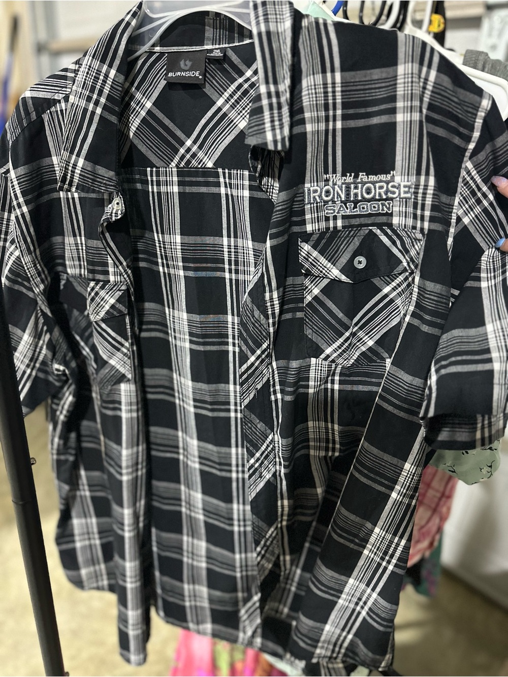 burnside Black & White Plaid Button-Up Shirt with Chest Embroidery